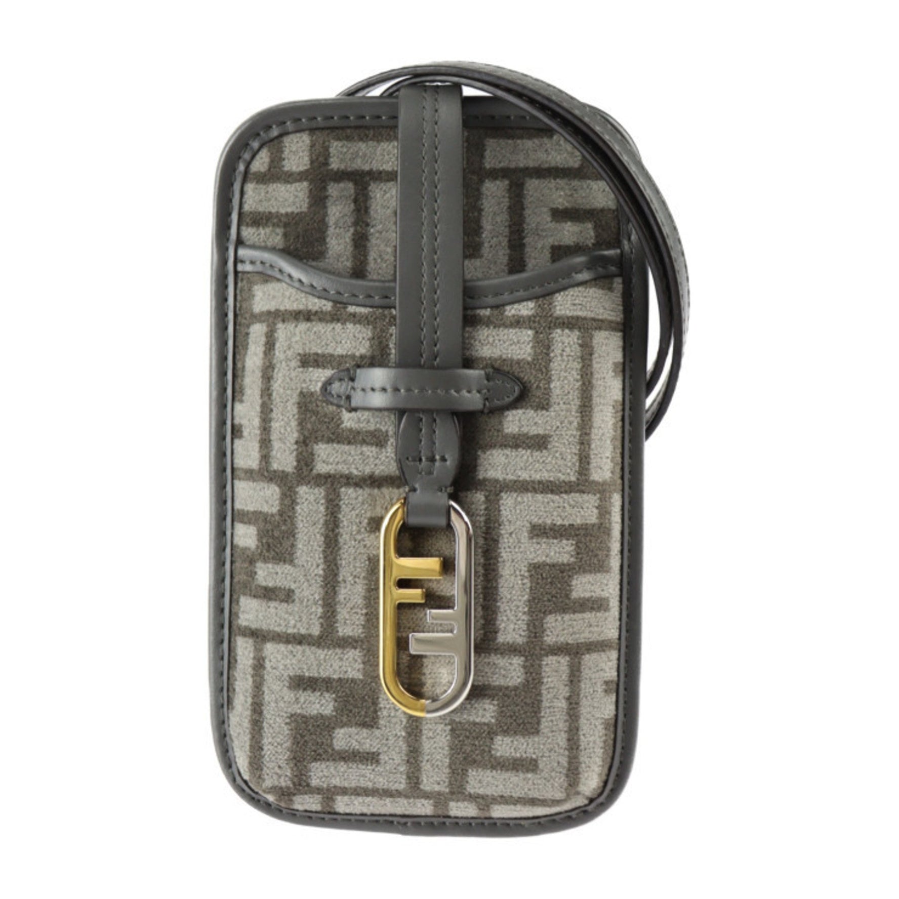 FENDI Phone Pouch Orlock Shoulder Bag Viscose x Leather Grey Zucca Pattern Smartphone Case Wallet/Coin Business Card Holder/Card Multi-Pochette