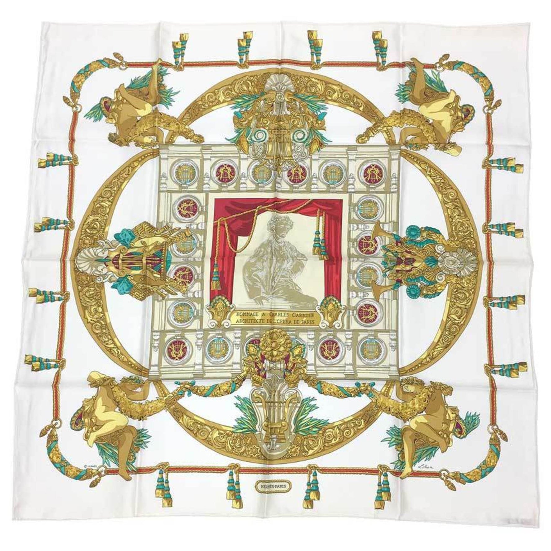 HERMES Carre 90 Scarf Muffler HOMMAGE A CHARLES GARNIER (Tribute to Charles Garnier) 100% Silk