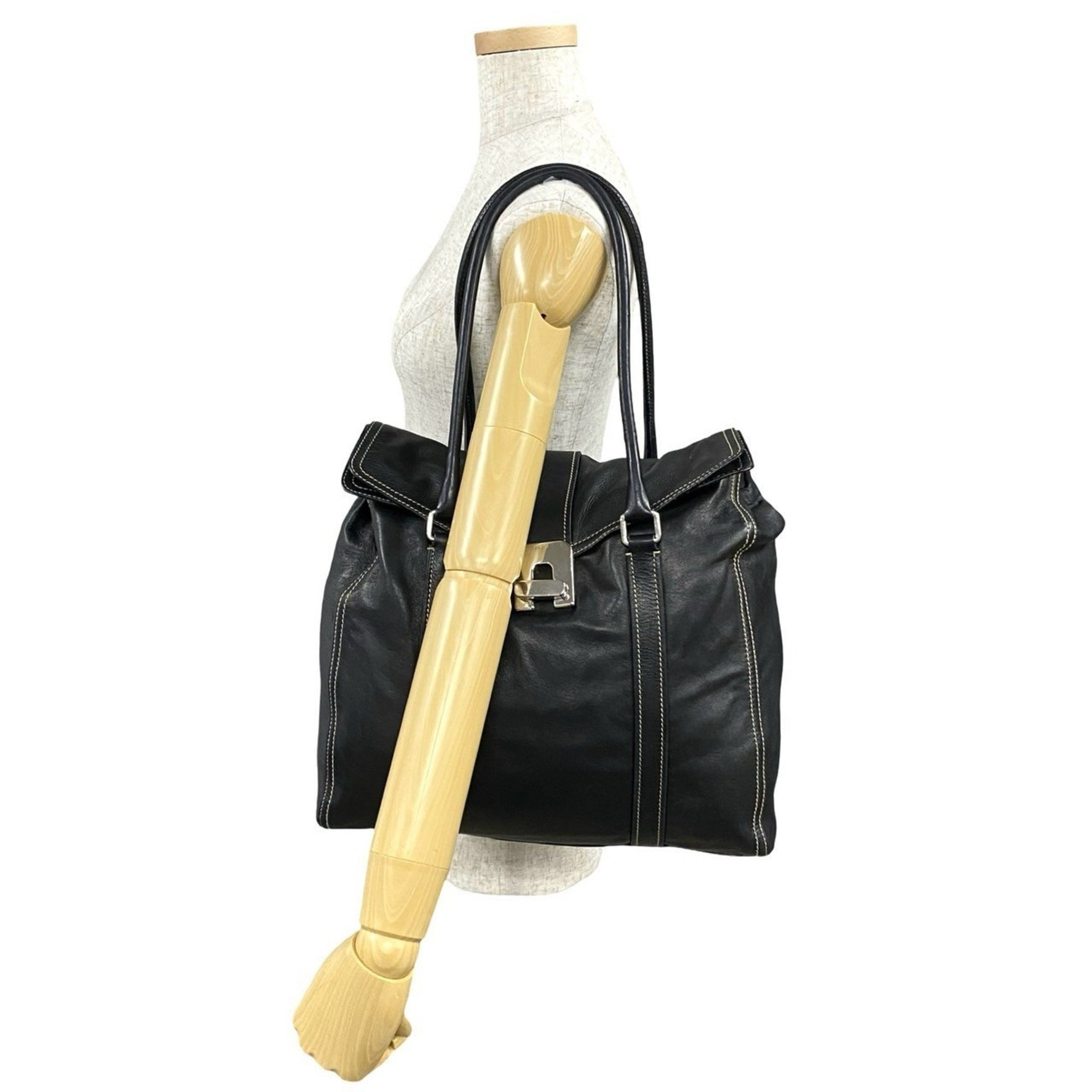 PRADA Logo Turnlock Hardware Leather Genuine Tote Bag Semi-Shoulder Handbag