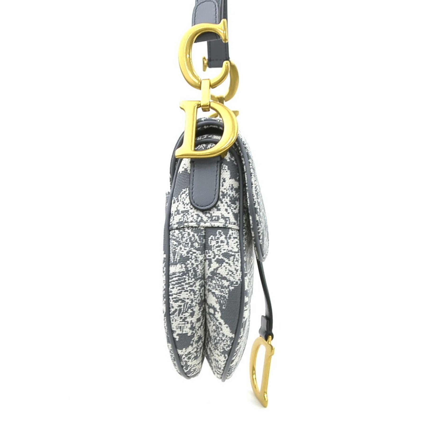 Christian Dior Shoulder Bag Saddle Toile de Jouy Reverse Jacquard Canvas Leather Gray Off-White Gold
