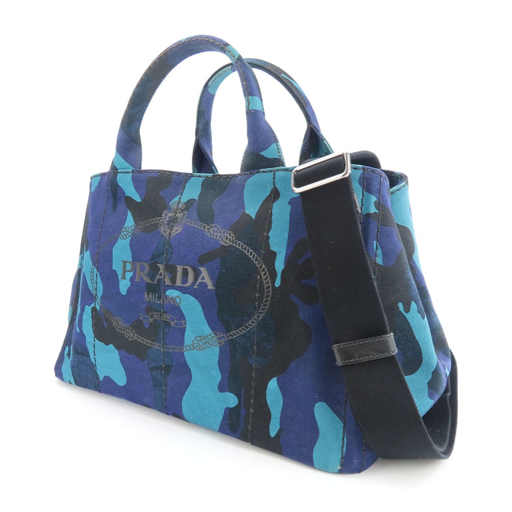 Prada Handbag Canapa Canvas Royal Blue Camouflage Shoulder Bag