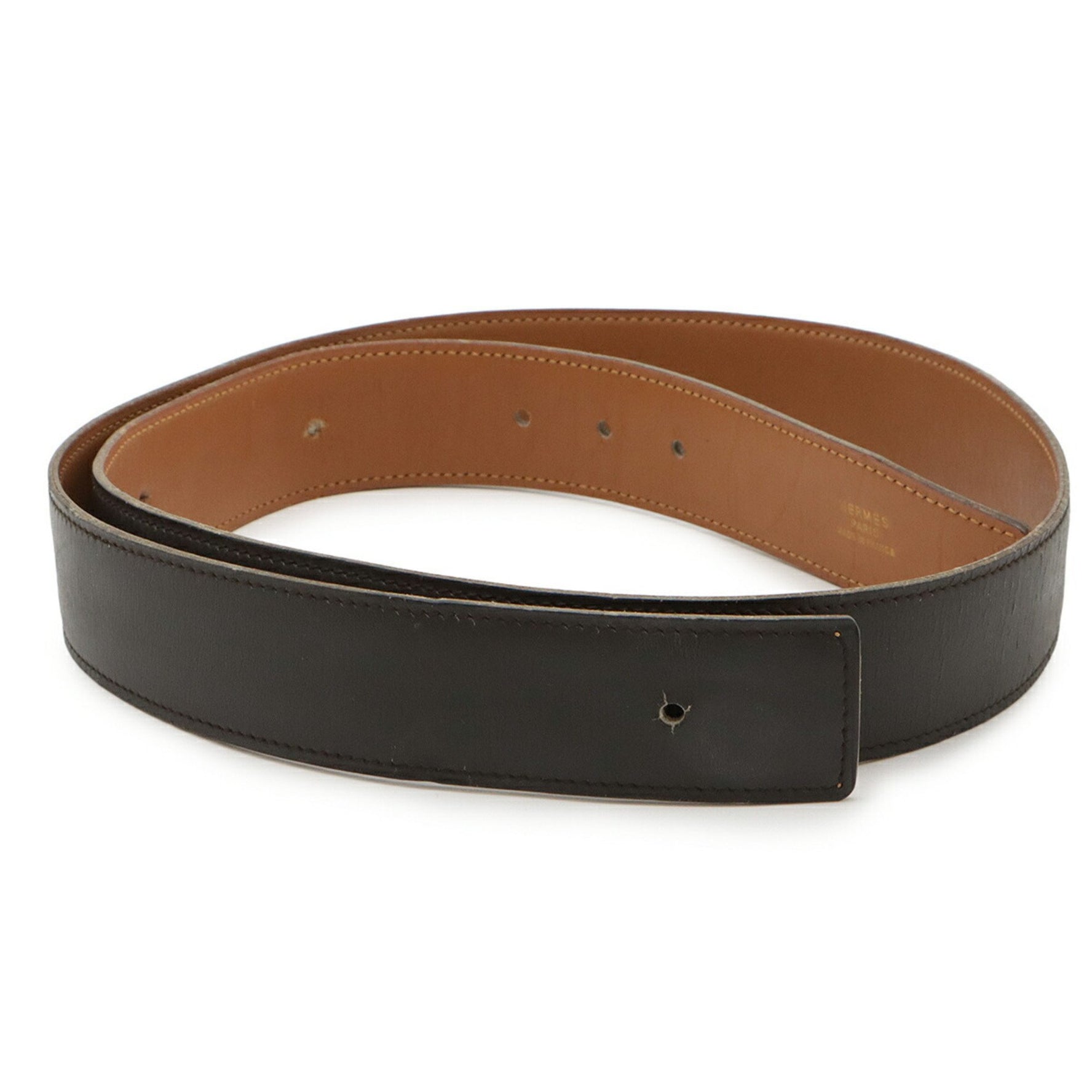 HERMES Reversible Leather Belt, Dark Brown/Natural, #90, ○P Stamp, Buckle Missing