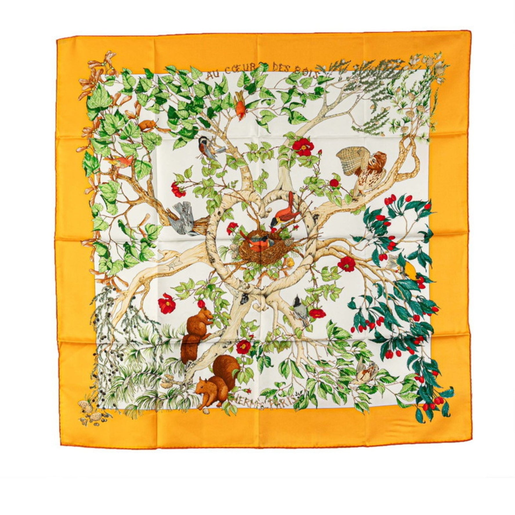 Hermes Hermès Carré 90 "AU COEUR DES BOIS" "In the Forest" Scarf, Orange, White, Multicolor, Silk