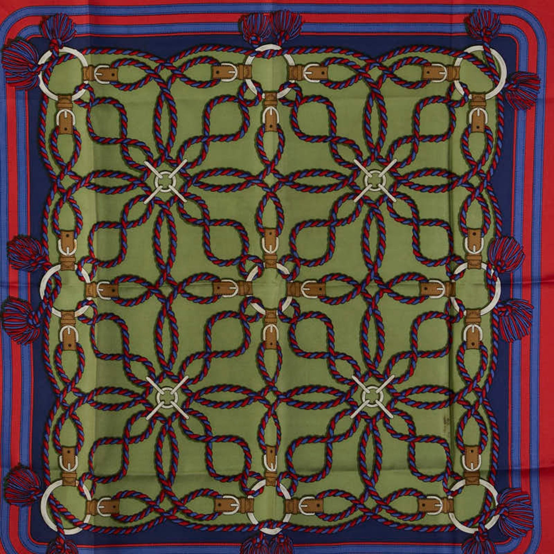 Hermes Carré 80 Rope Belt Tassel Scarf Muffler in Red, Green, and Multicolor Silk