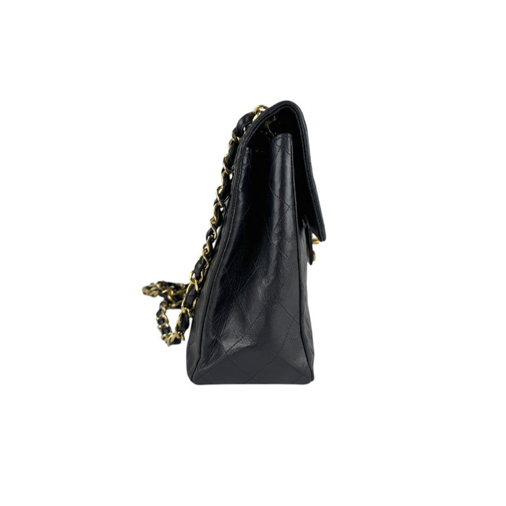 CHANEL Deca Matelasse Shoulder Bag, Leather, Metal, Black, Gold