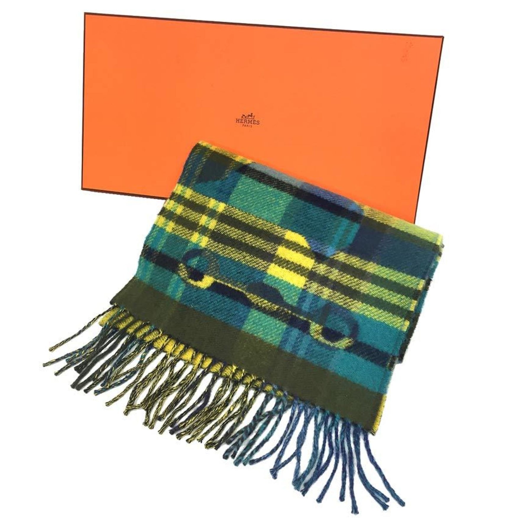HERMES Men's Scarf Tartan Check Echarpe HER-MES 100% Cashmere Yellow x Blue 2020 Muffler