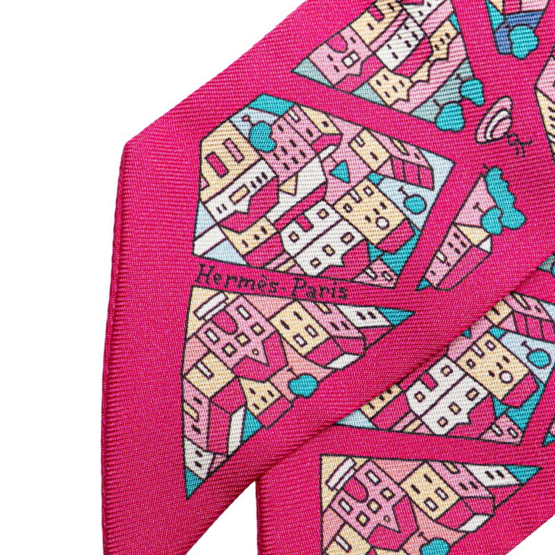 Hermès Twilly "Rive Droite Rive Gauche" Right and Left Bank Streets Scarf, Pink Multicolor Silk, HERMES