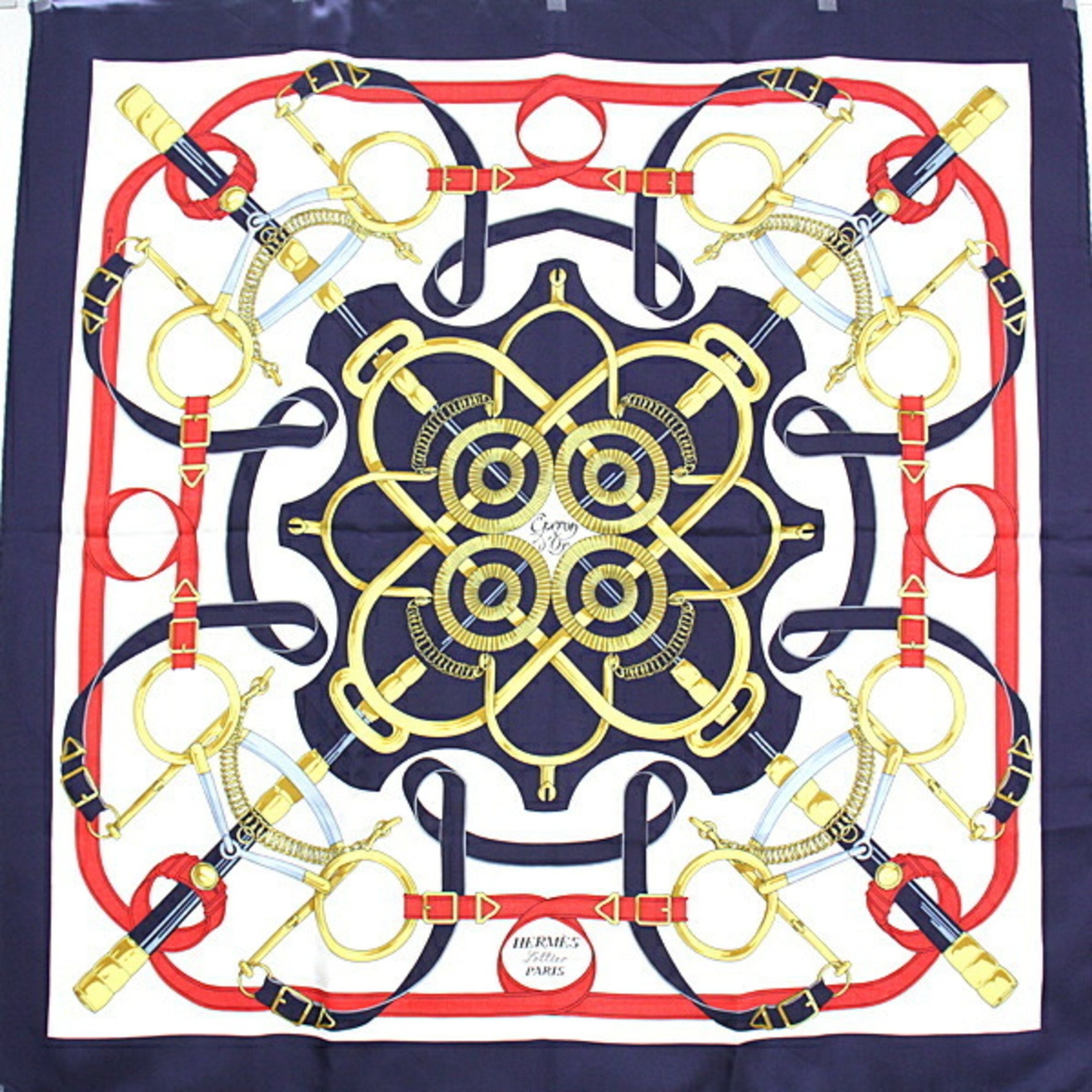 Hermes Carre 90 Scarf Muffler Eperon d Or Golden Spur 100% Silk Navy / Gold Red White Harness Henri Dorney Large Format