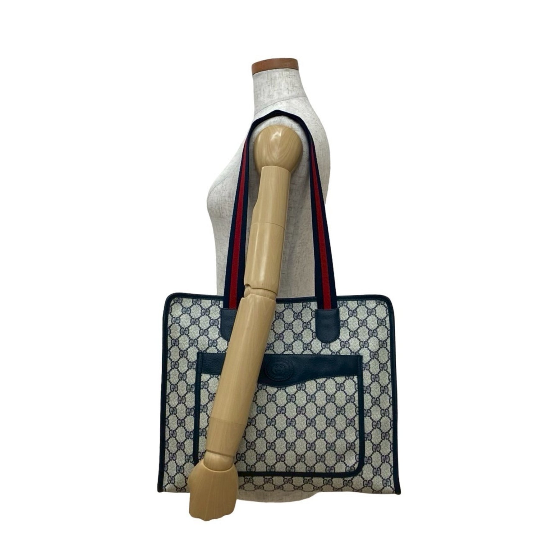 GUCCI Vintage Sherry Line GG Logo Leather Tote Bag, Navy, 387-4