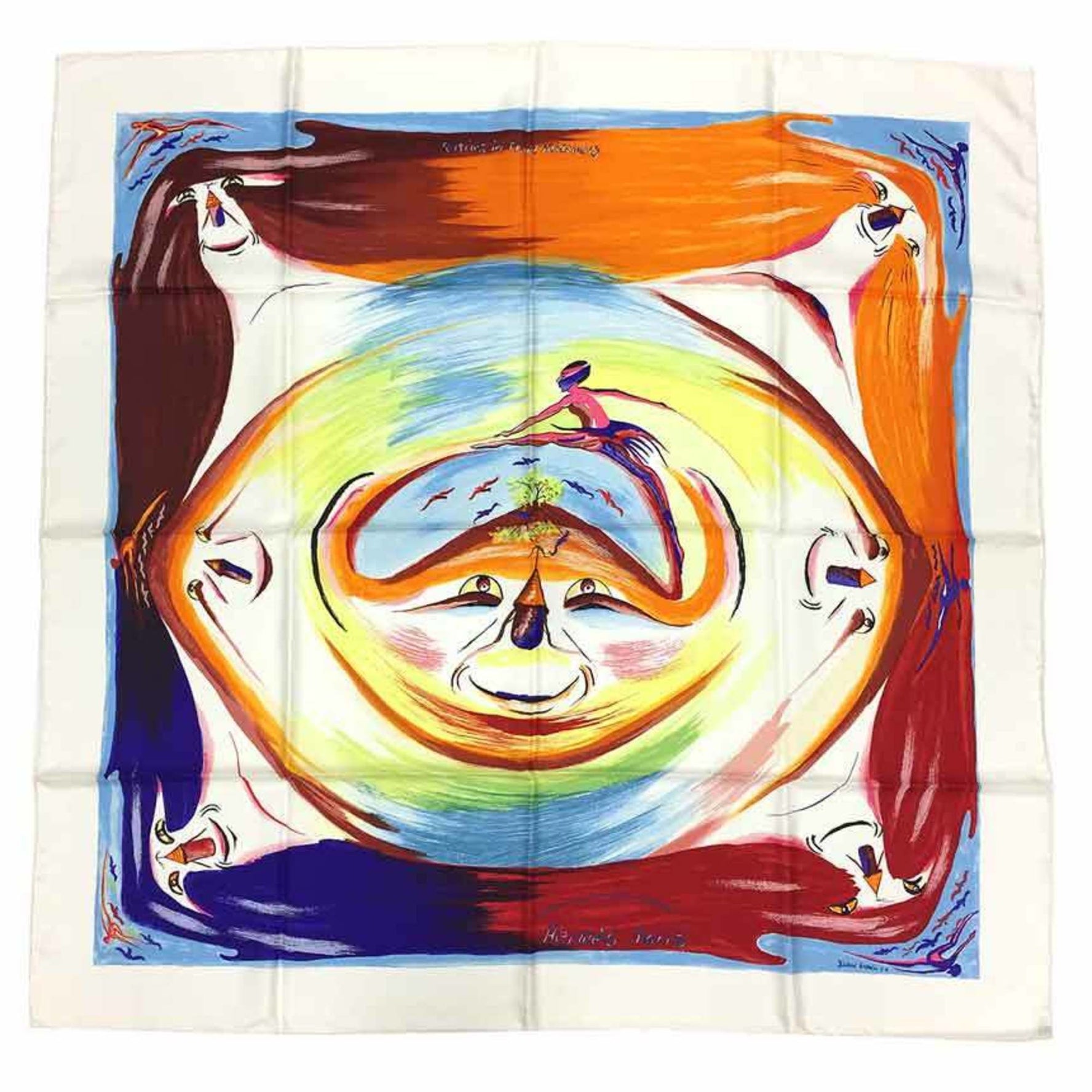 HERMES Carre 90 Scarf Muffler Smiles in Third millenary Ballerina/Smile 100% Silk White Multicolor