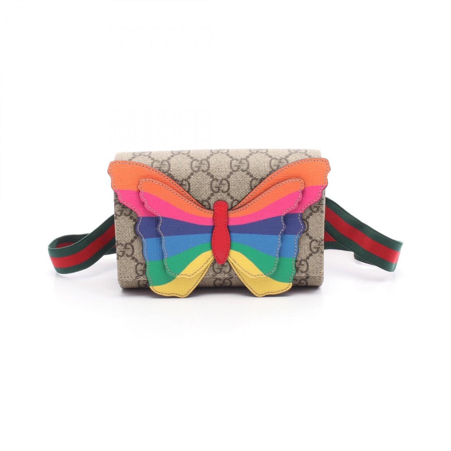 Gucci GG Supreme Rainbow Butterfly Waist Bag/Body Bag in Coated Canvas and Leather, Beige Multicolor