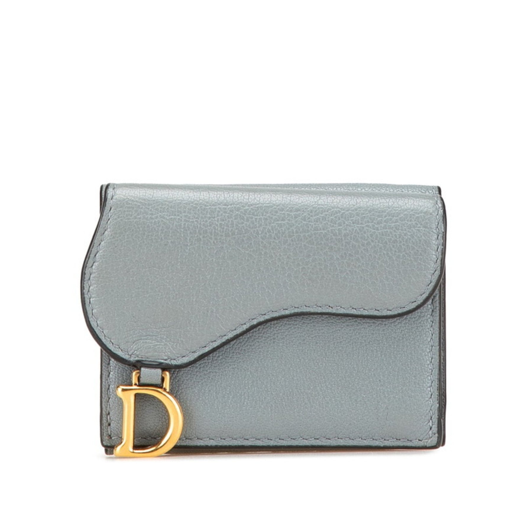 Christian Dior Dior Saddle Lotus Compact Wallet Tri-fold Grey Leather