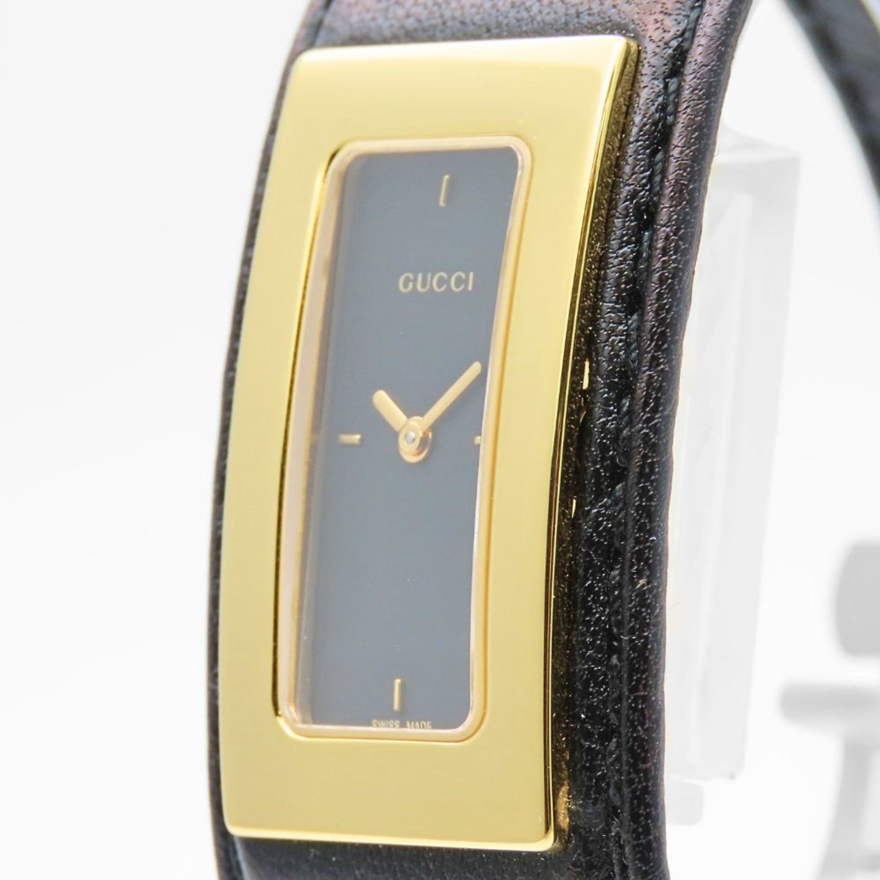 Gucci Stainless Steel Watch with Leather Strap, and Black Dial, Plated