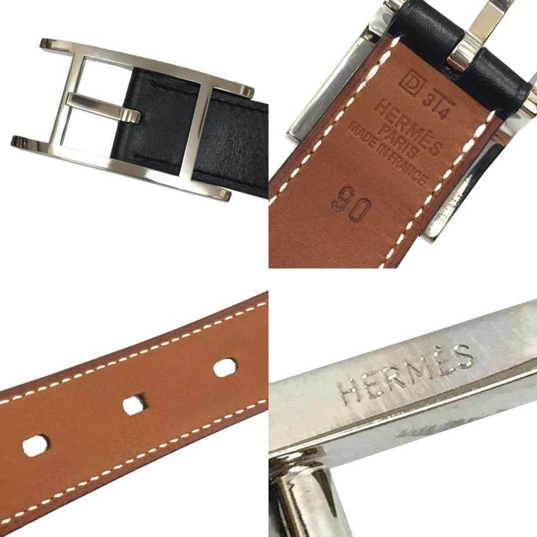 HERMES Leather Belt H Buckle Size 90 Silver D Stamp