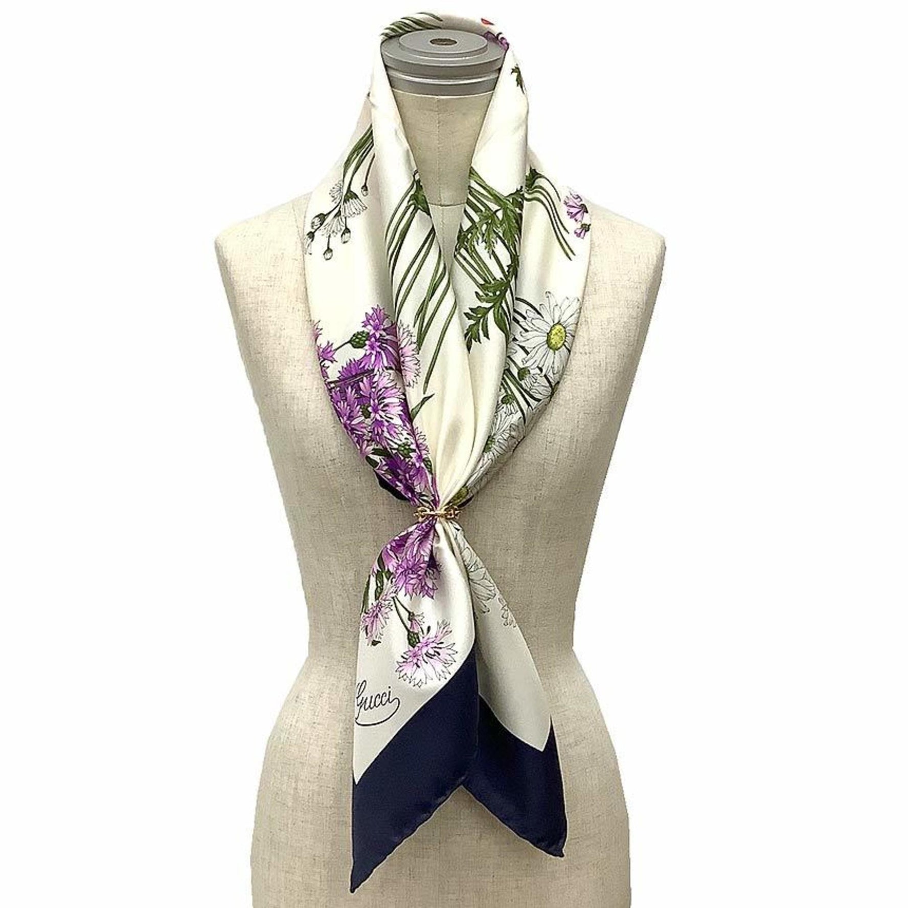 GUCCI Flora Print Scarf, Muffler, Stole, Shawl, Large, 100% Silk, Floral, White and Navy