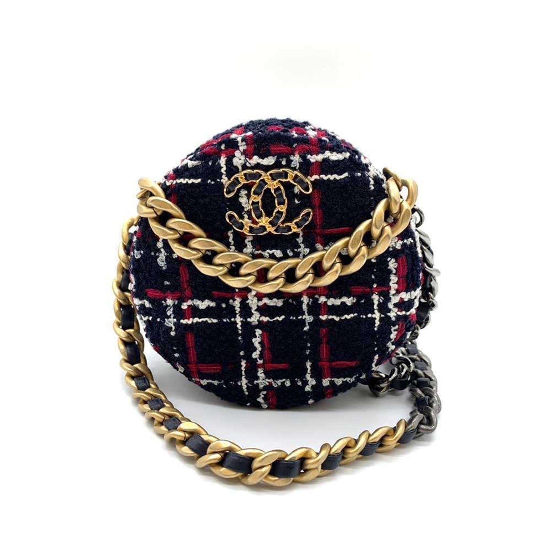 Chanel Bag 19 Round Clutch Chain Shoulder x White Red Checkered Coco Mark Crossbody Pochette Ladies Tweed
