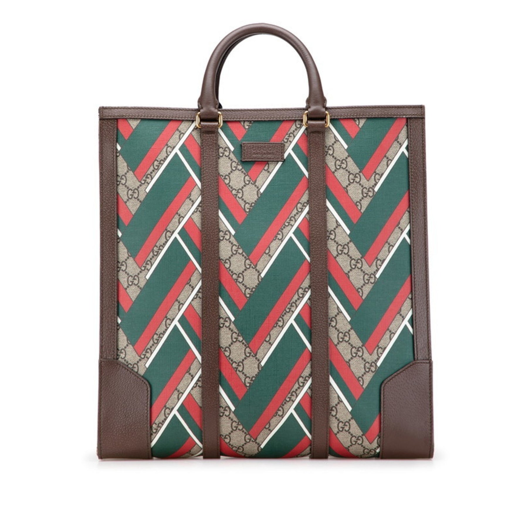Gucci GG Supreme Chevron Tote Bag Beige Green Red Leather