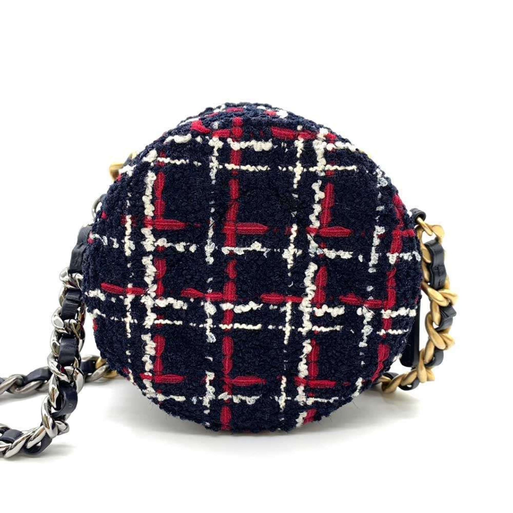 Chanel Bag 19 Round Clutch Chain Shoulder x White Red Checkered Coco Mark Crossbody Pochette Ladies Tweed