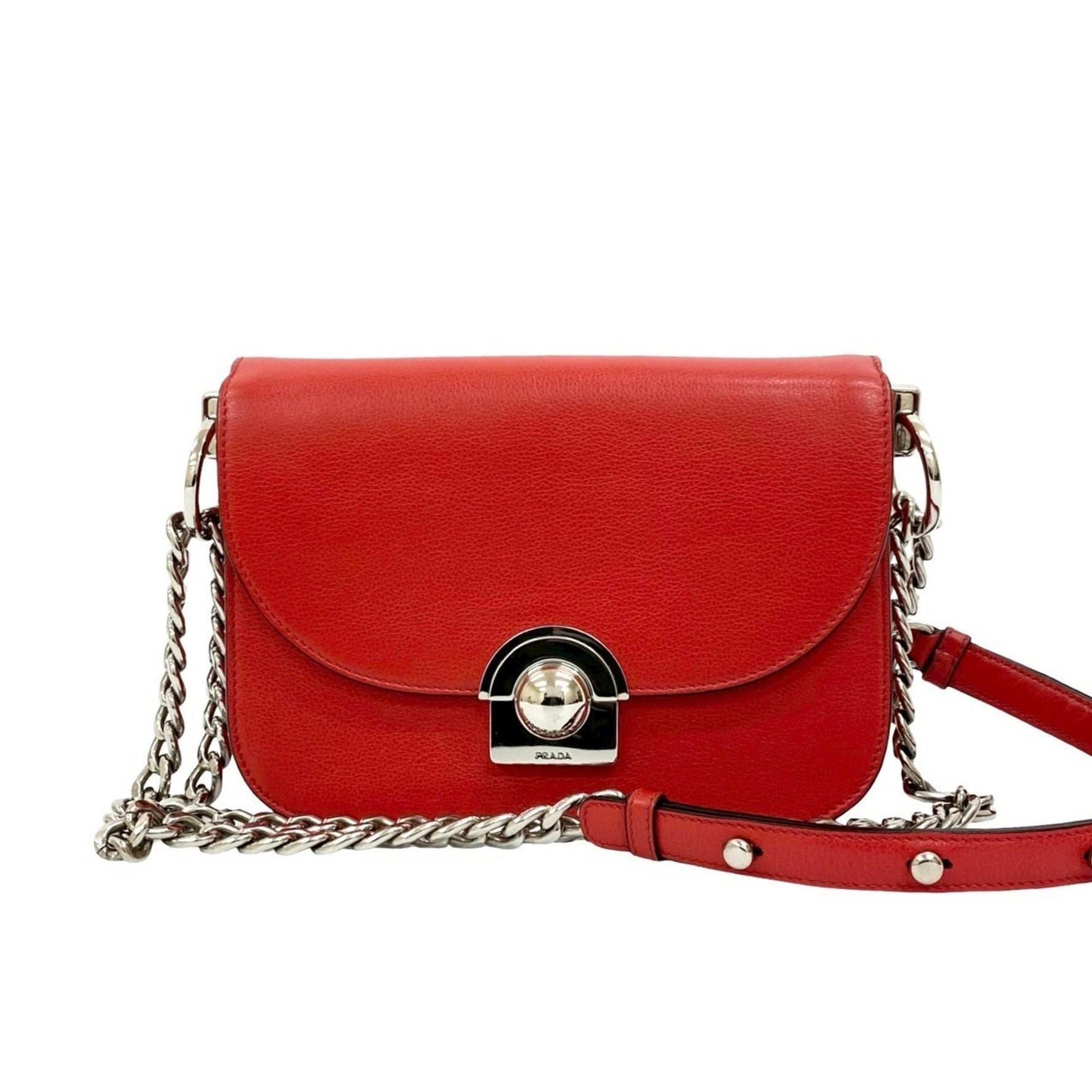 PRADA logo hardware leather genuine chain shoulder bag semi-shoulder pochette red