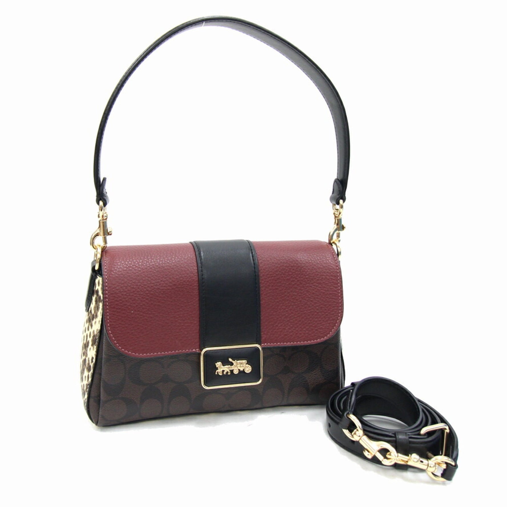 Coach Shoulder Bag Signature Grace Dark Brown Bordeaux Black Leather Handbag