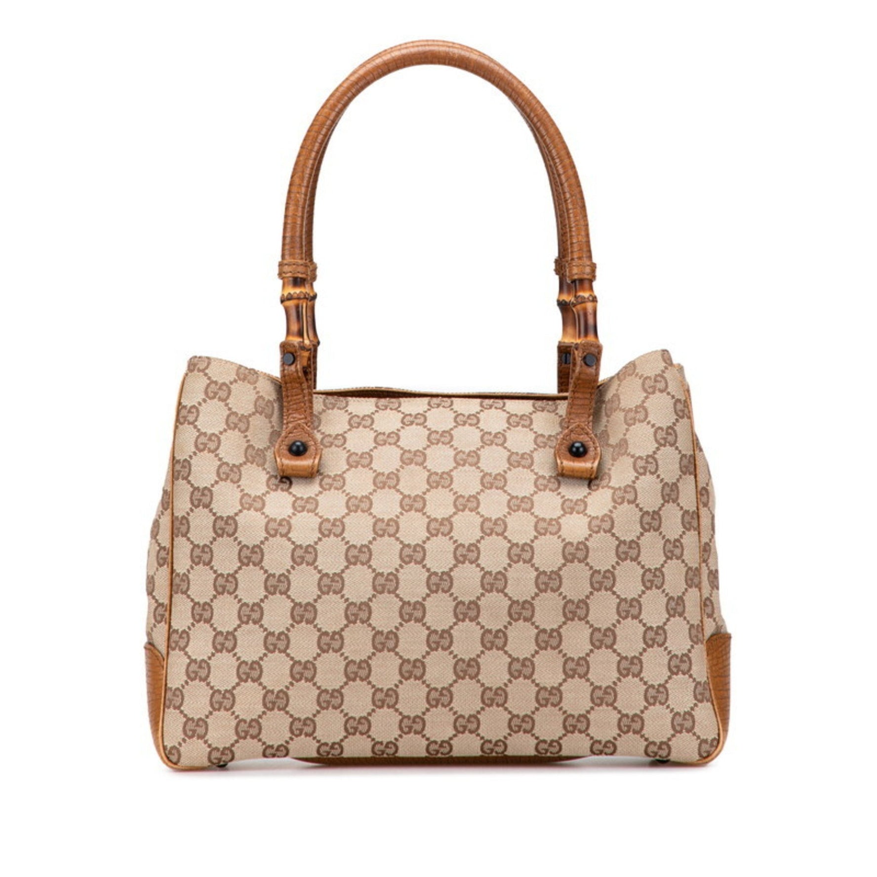 Gucci GG Canvas Bamboo Tote Bag Beige Brown Leather