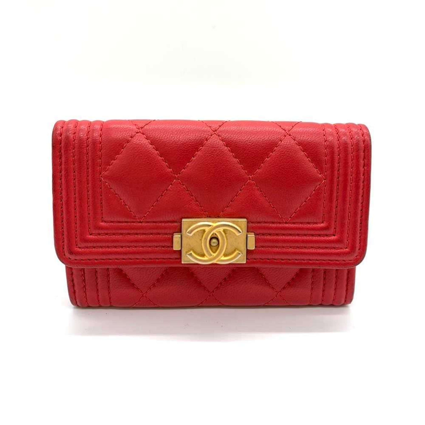 Chanel Accessories Boy Business Card Holder/Card Case Red Matelasse Coco Mark Ladies Lambskin Leather
