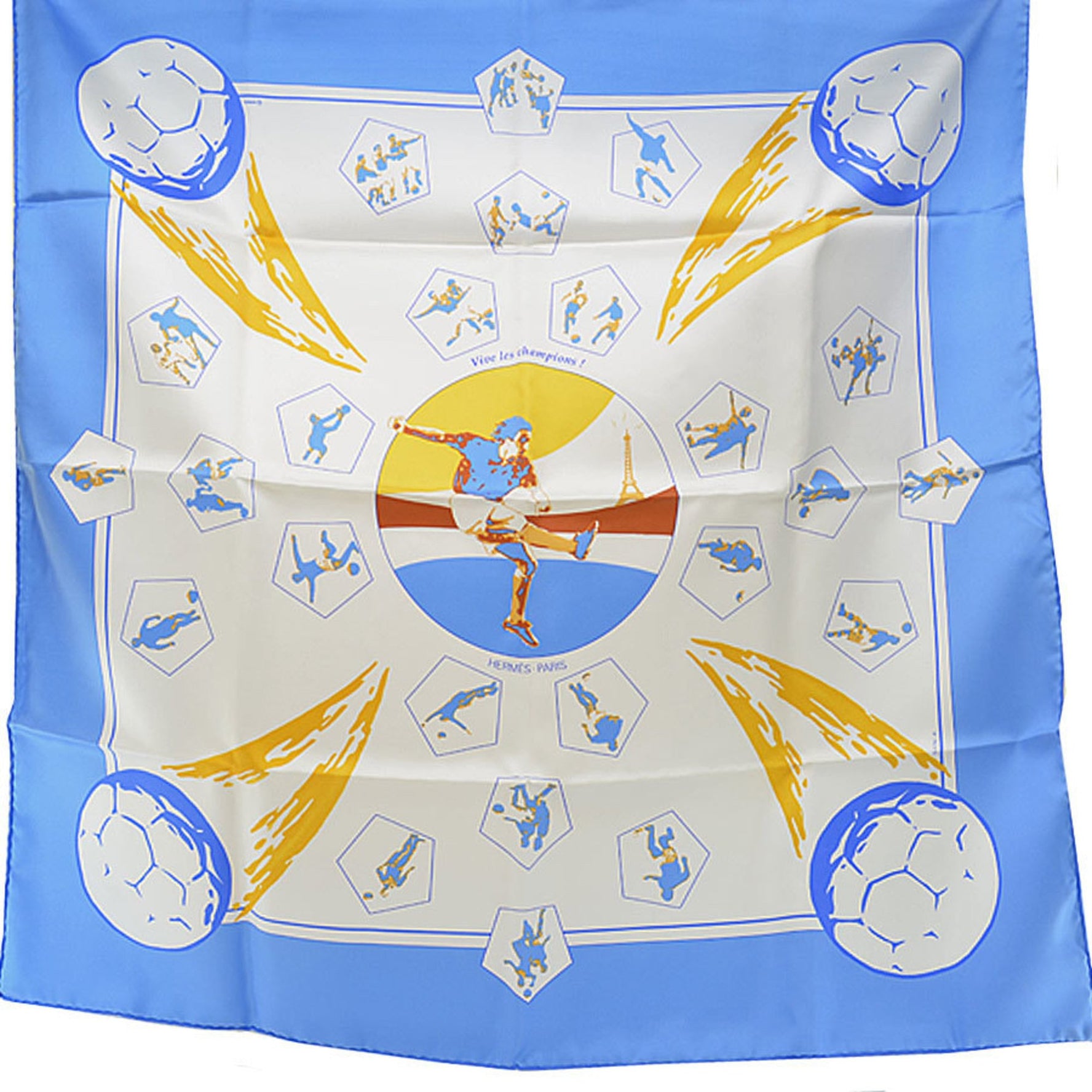 Hermes Scarf Carre 90 Vive les champions! Viva Champion Blue White Multi Silk Ladies