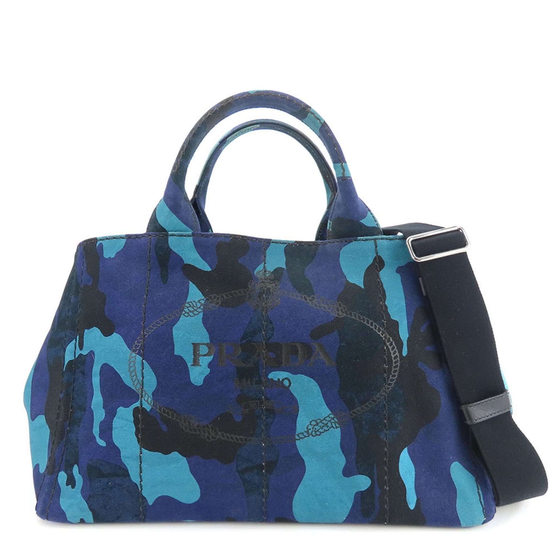 Prada Handbag Canapa Canvas Royal Blue Camouflage Shoulder Bag