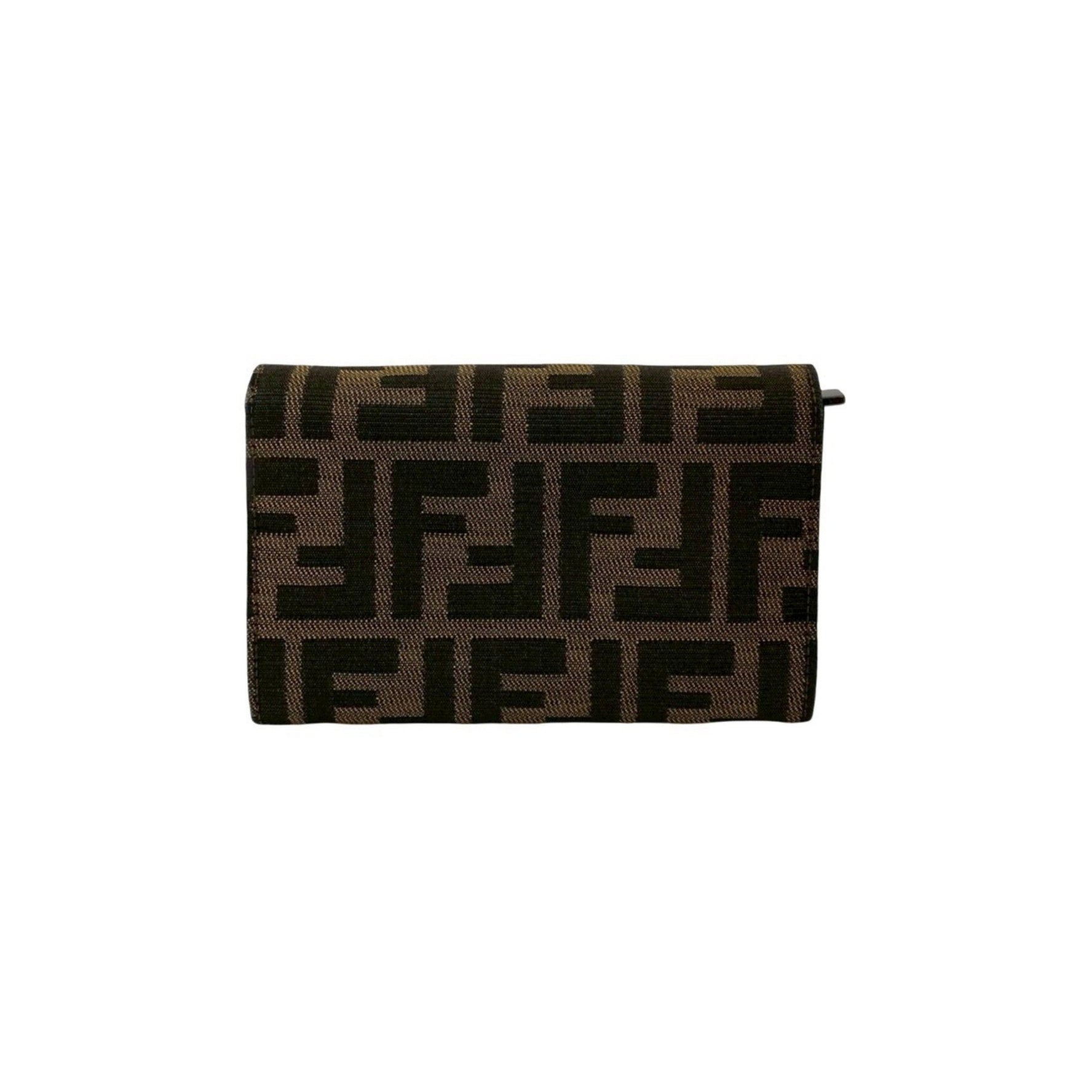 FENDI Zucca FF logo pattern metal hardware canvas and leather bifold wallet/coin case brown