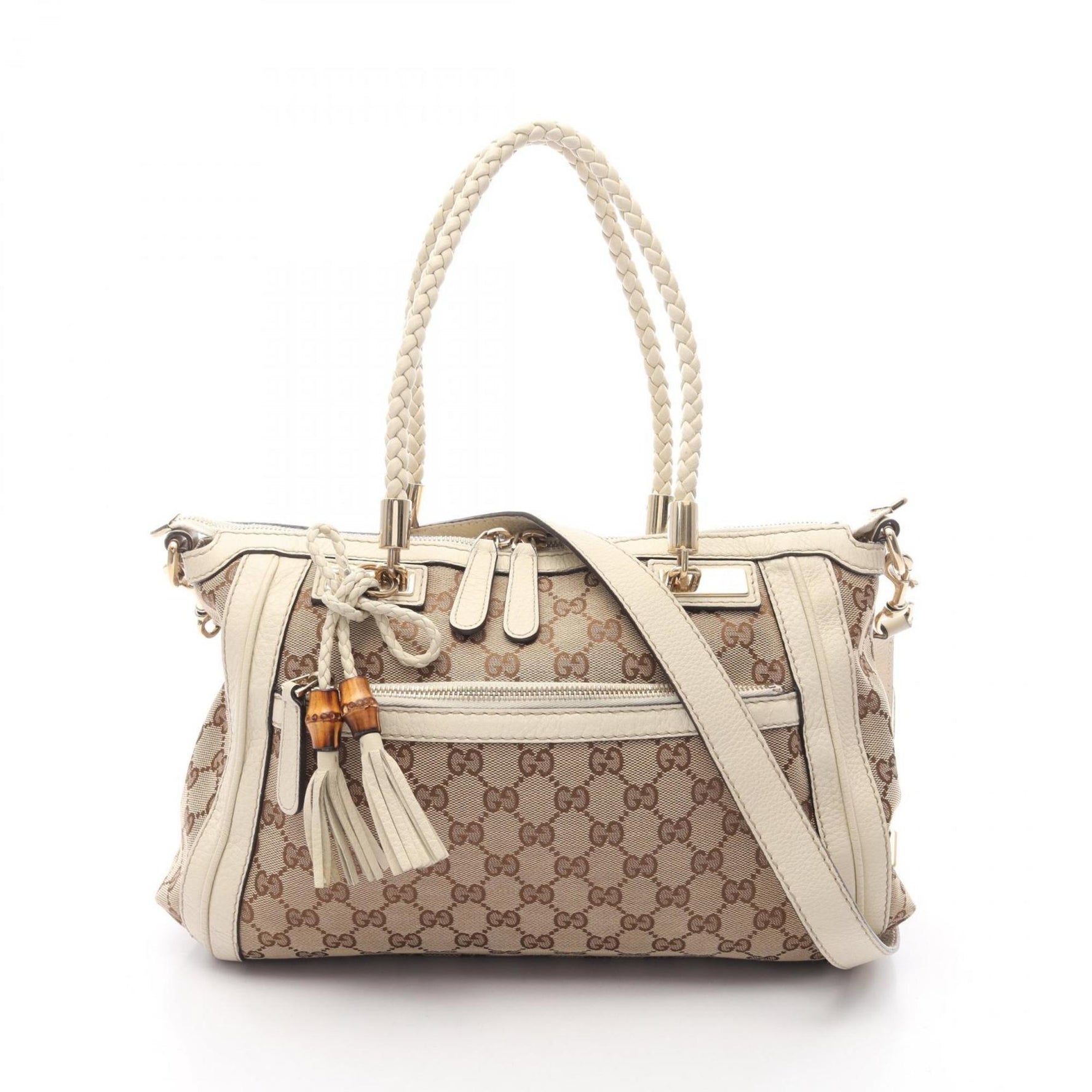 Gucci Bella Bamboo GG Canvas Tote Bag, and Leather, Beige White