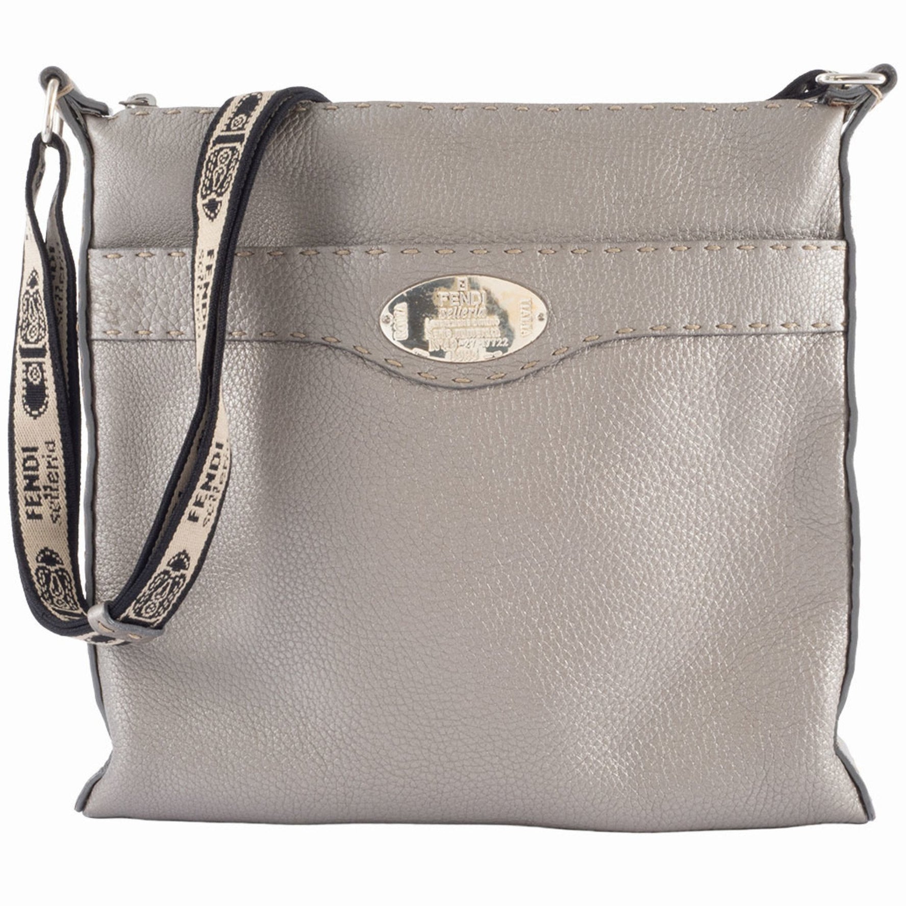 FENDI Selleria Shoulder Bag in Grey Metallic Leather