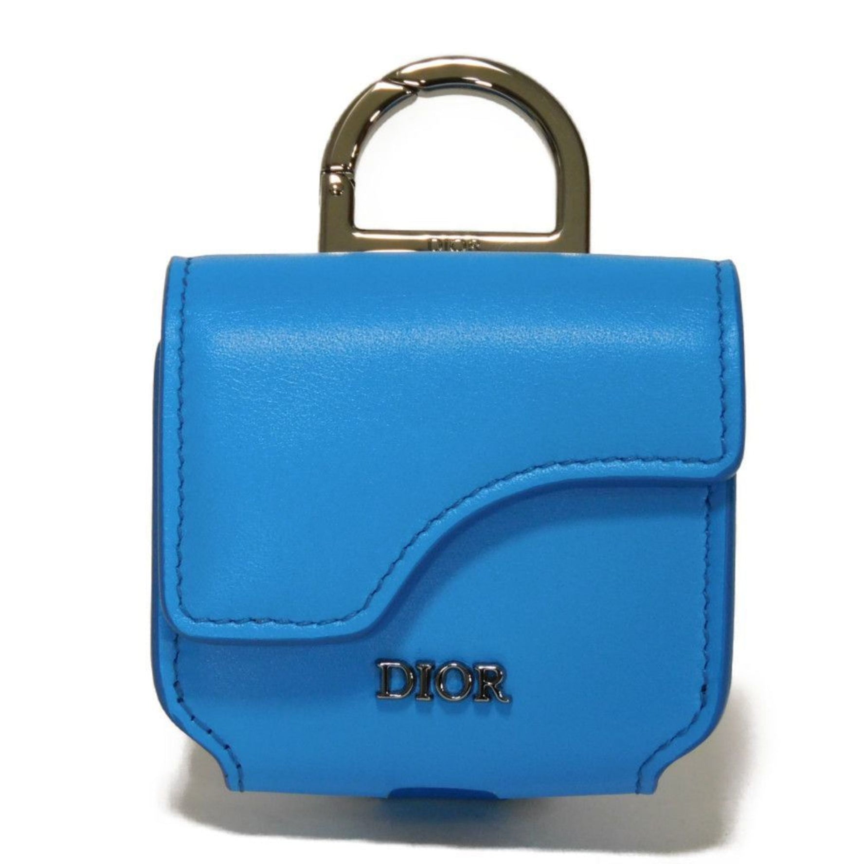 Christian Dior Dior Keychain Airpods Pro Case Flap Smooth Calfskin Neck Strap Metal Blue