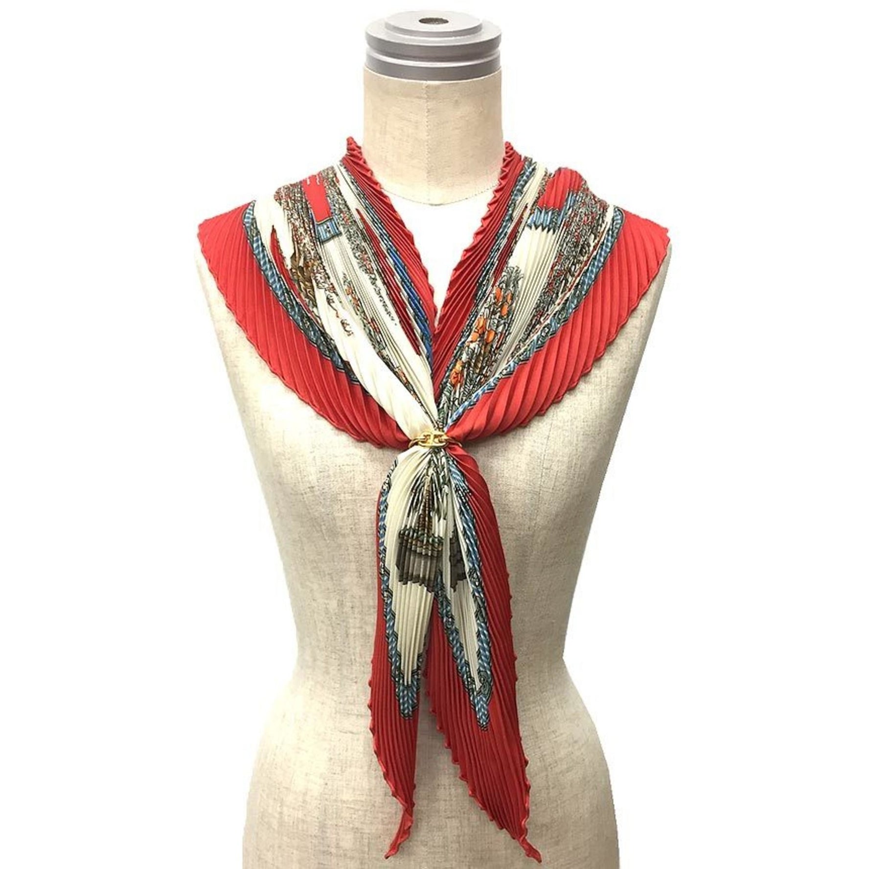 HERMES Pleated Scarf Carré 90 BONSAI Beautiful Time Ivory x Red 100% Silk Muffler