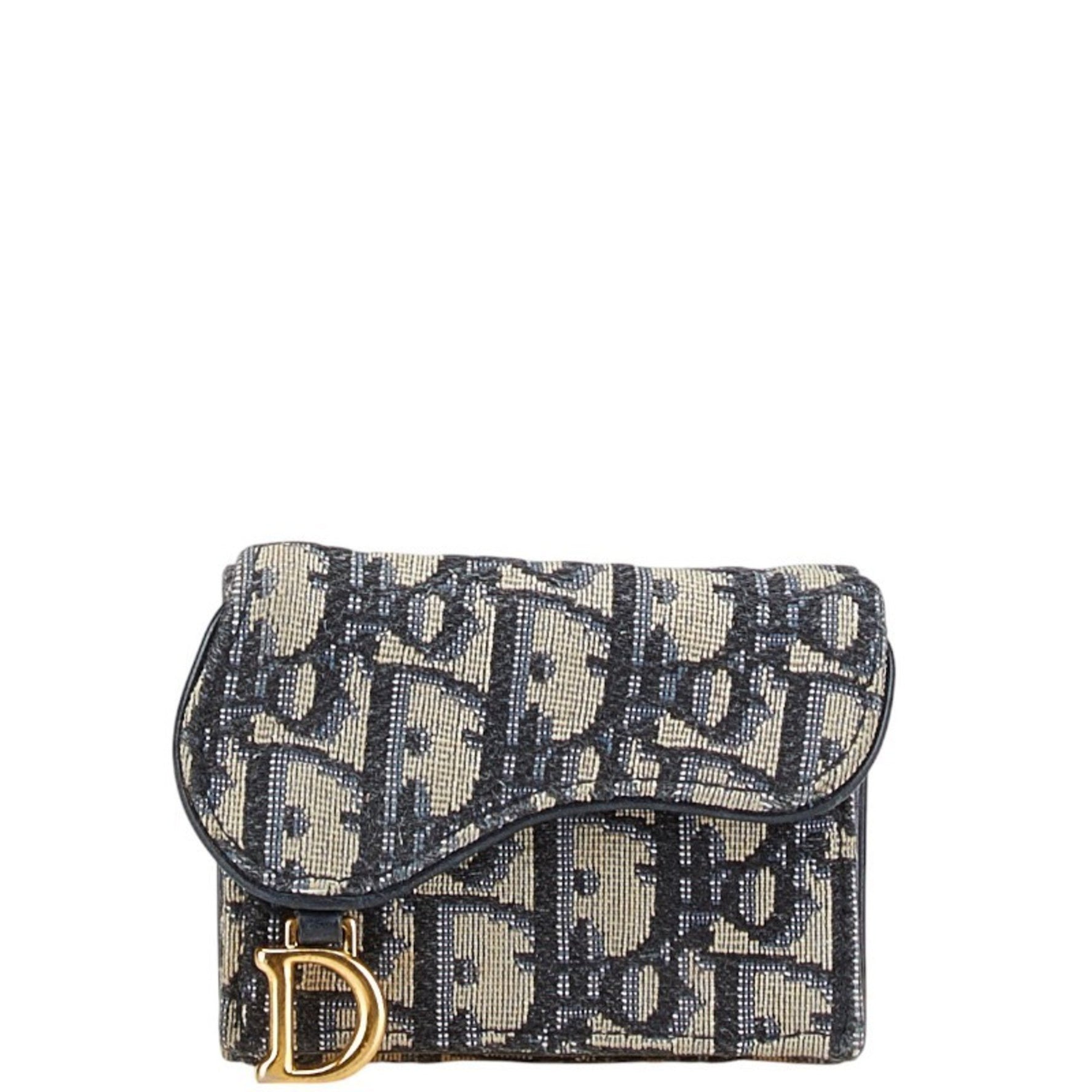 Christian Dior Dior Oblique Saddle Tri-fold Wallet Navy Beige Canvas Leather