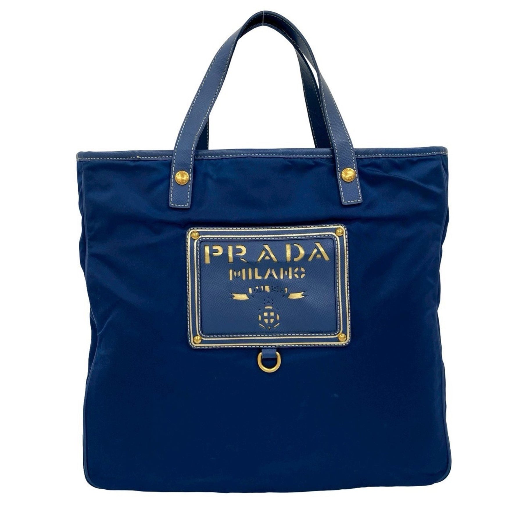 PRADA Milano Logo Tessuto Nylon Saffiano Leather Handbag Tote Bag Blue Gold