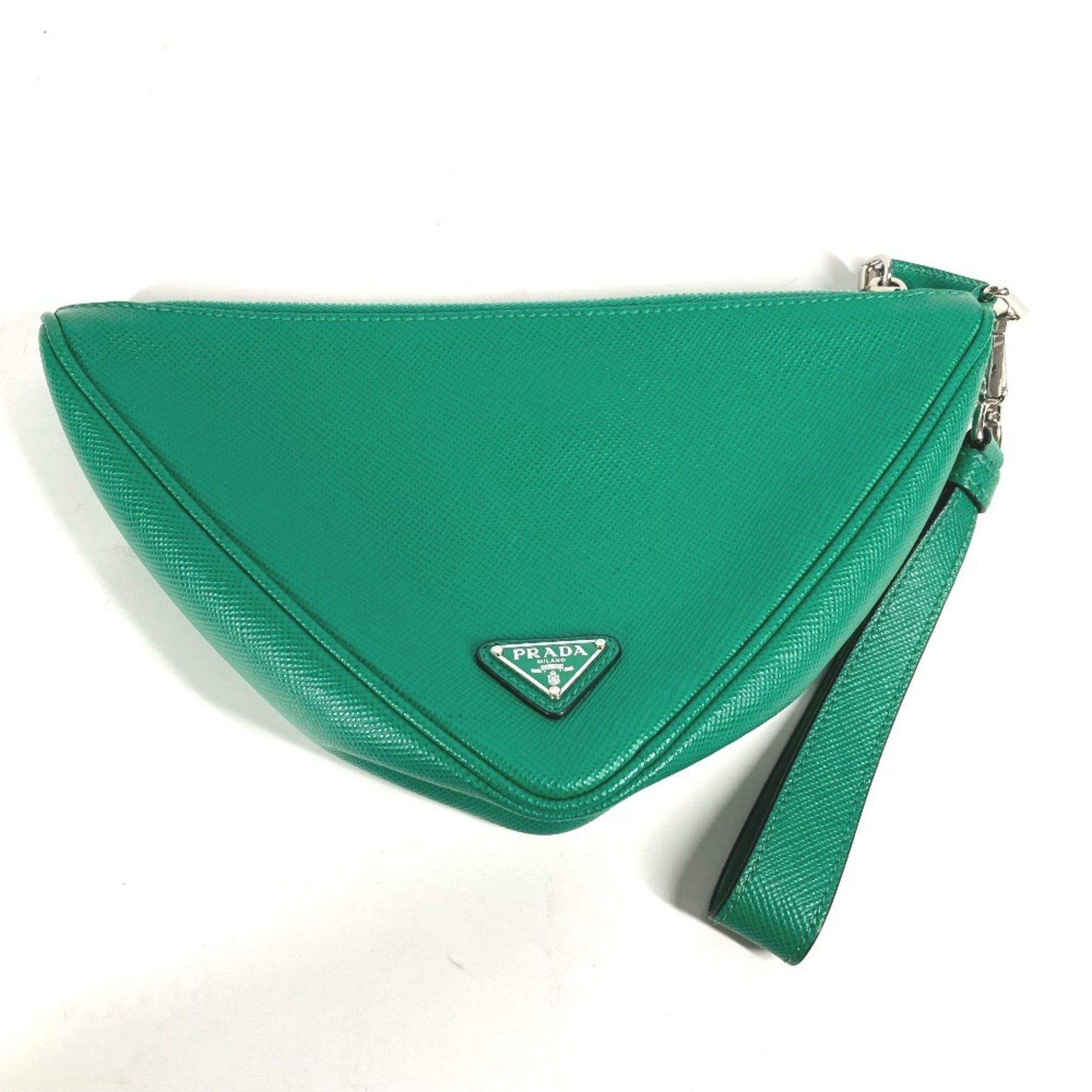 PRADA Embossed Triangle Plate Pouch Clutch Bag with Strap Saffiano Leather Men's