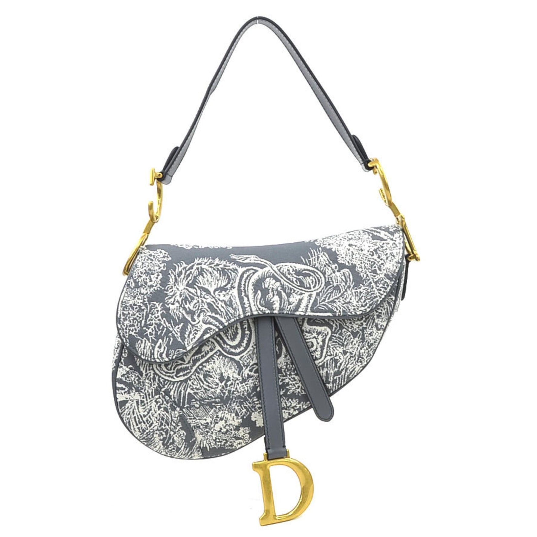 Christian Dior Shoulder Bag Saddle Toile de Jouy Reverse Jacquard Canvas Leather Gray Off-White Gold