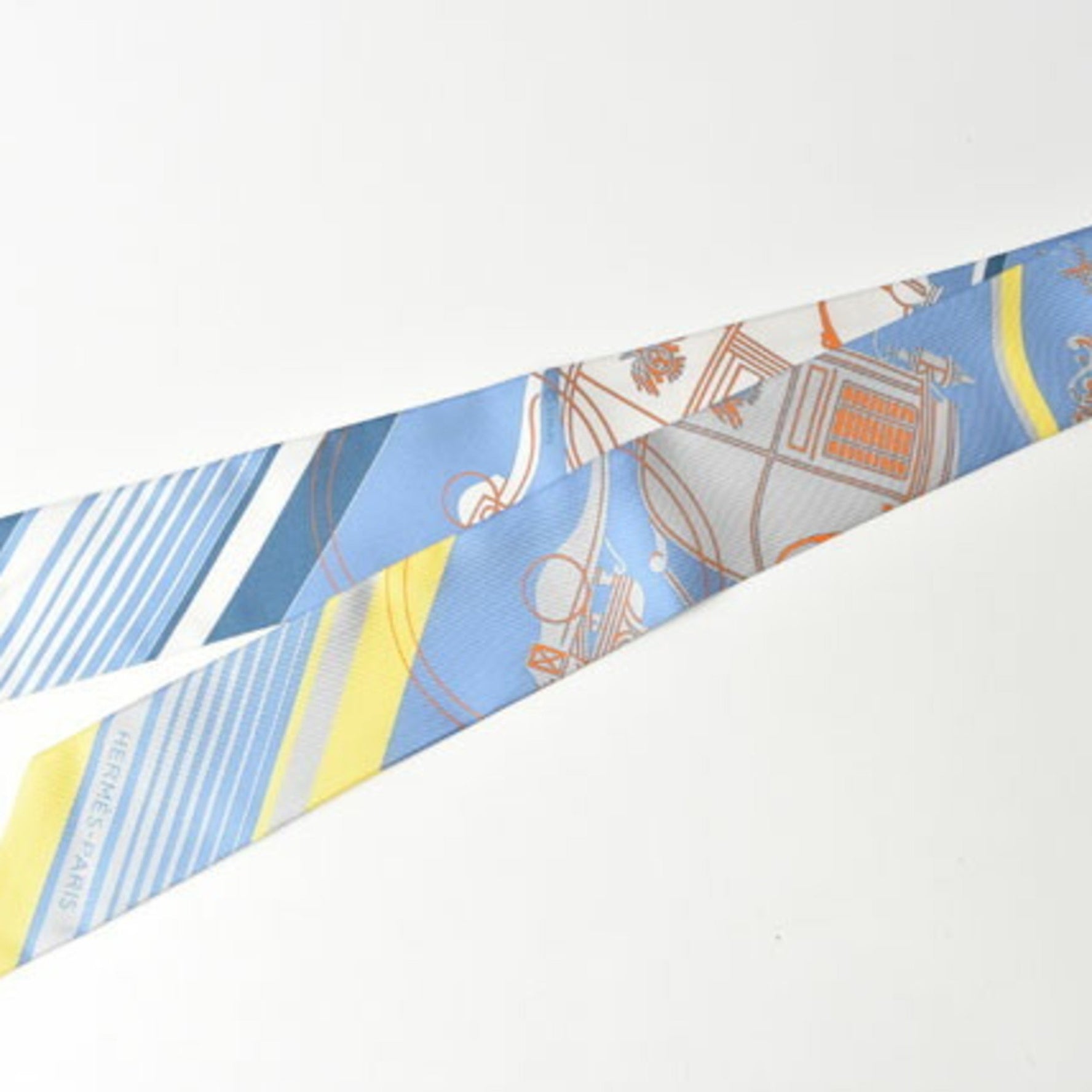 Hermes Twilly Scarf Muffler Silk Twill Carriage Motif Light Blue Yellow