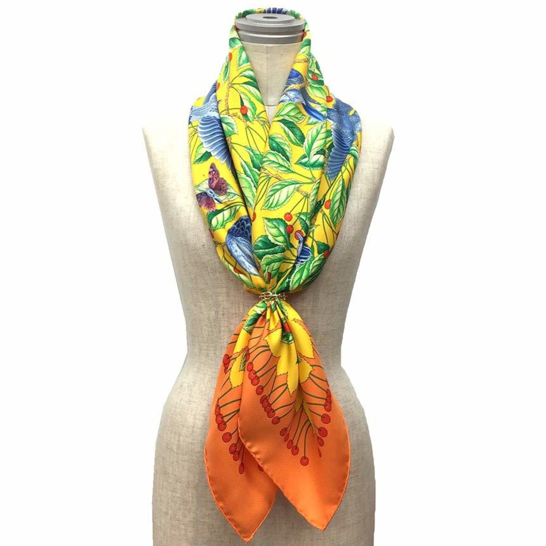 HERMES Scarf Muffler Carre 90 Les merises Cherries Bird 1993 Silk Orange x Yellow
