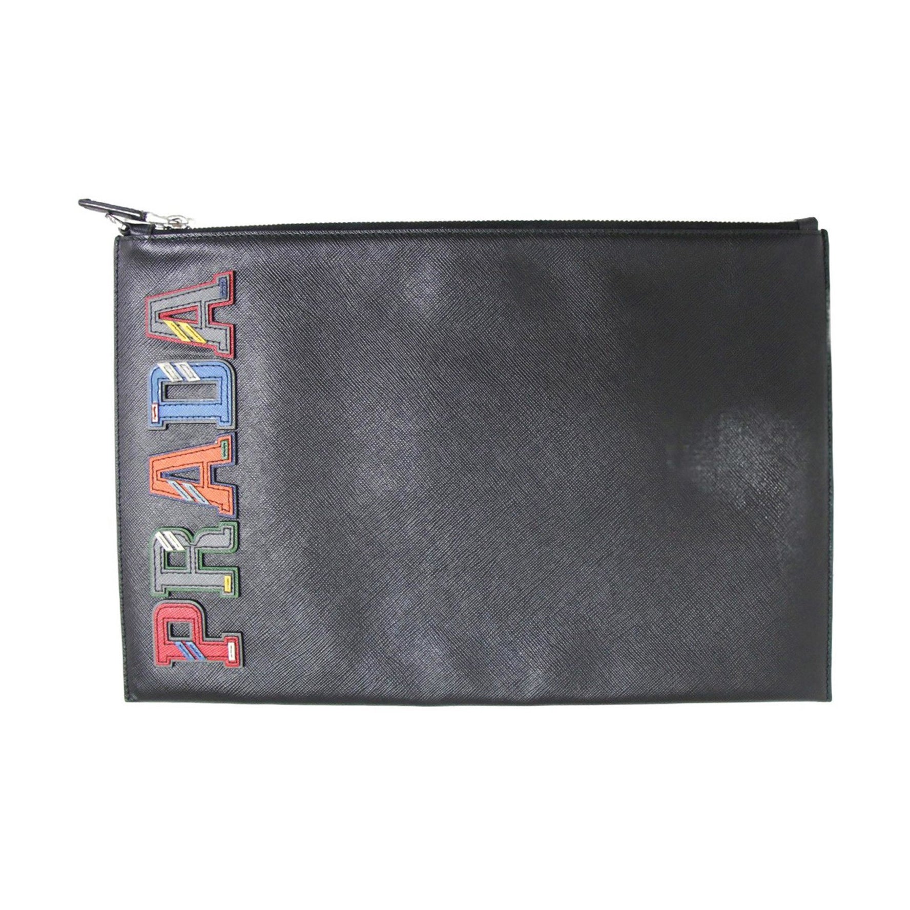 Prada Saffiano Leather Clutch Bag Pouch Square Embossed Genuine