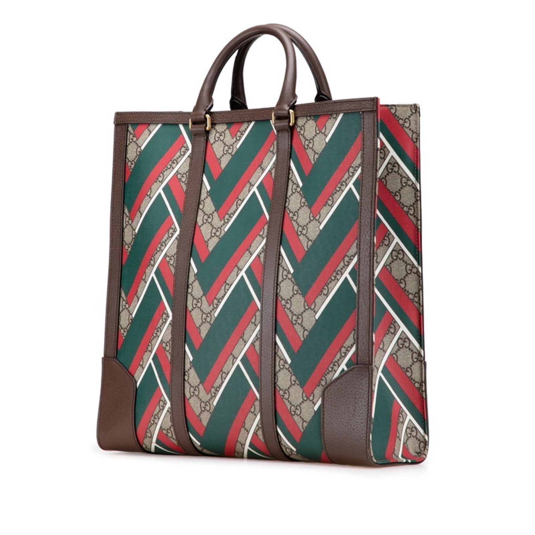 Gucci GG Supreme Chevron Tote Bag Beige Green Red Leather