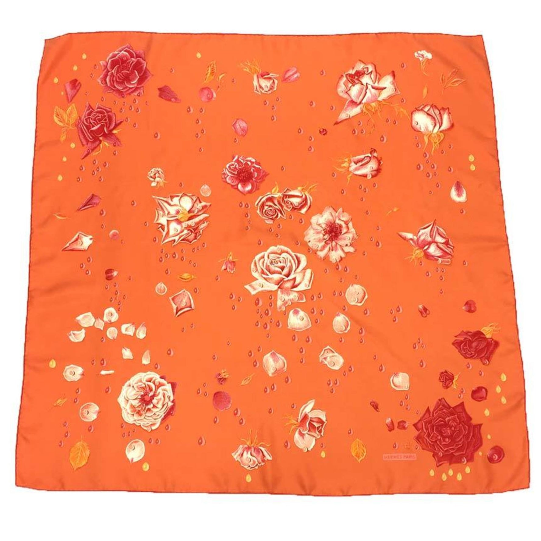 HERMES Scarf Muffler Carre 90 La Rosse Dew Rose Flower Silk