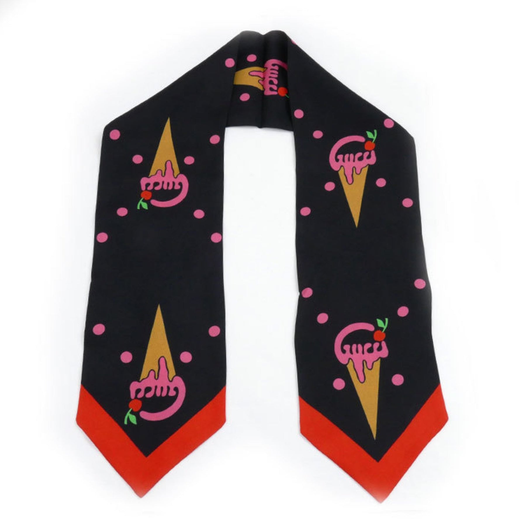 GUCCI Ice Cream Cherry Neck Bow Scarf Muffler Black Red Multicolor
