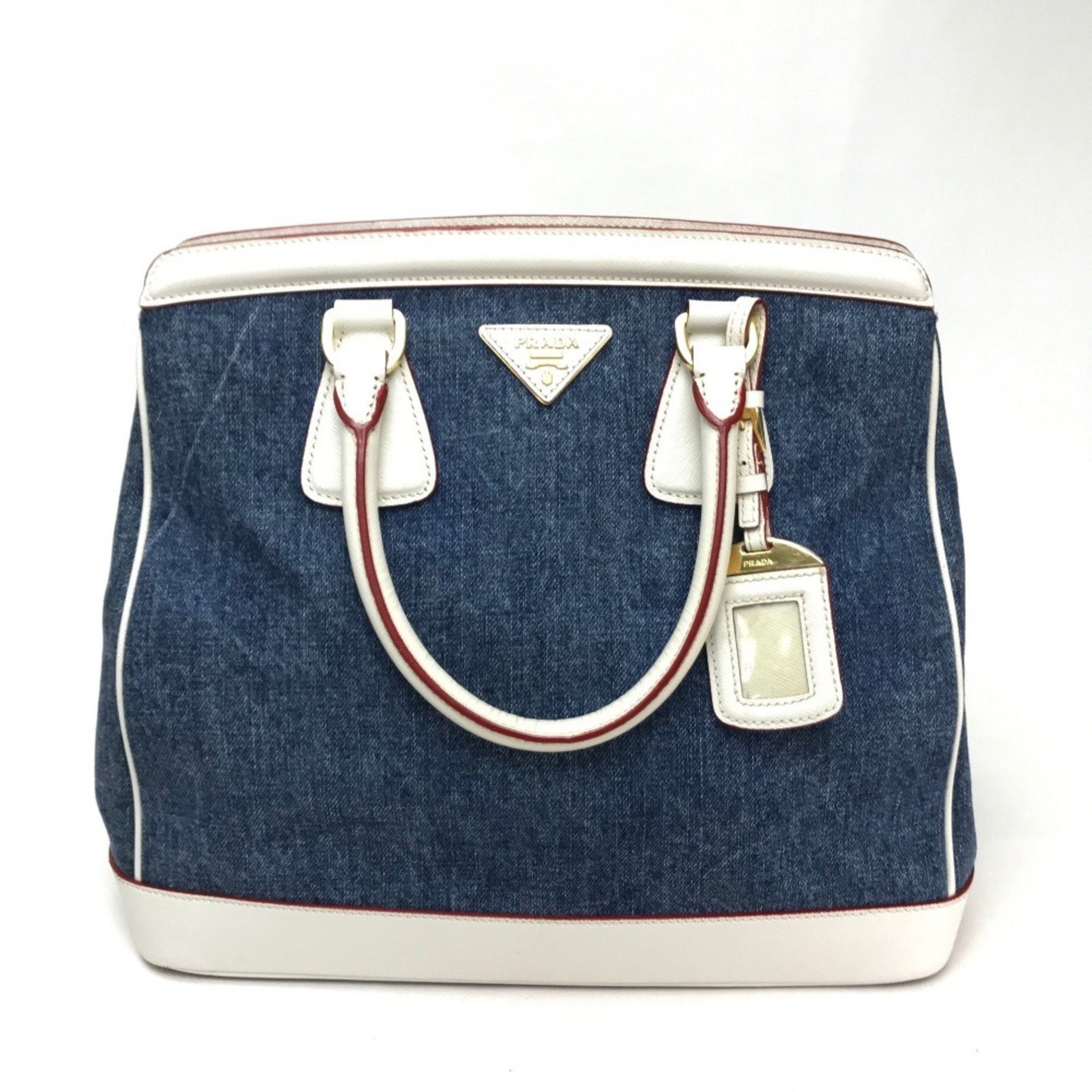 PRADA Handbag Cotton Denim Leather Blue