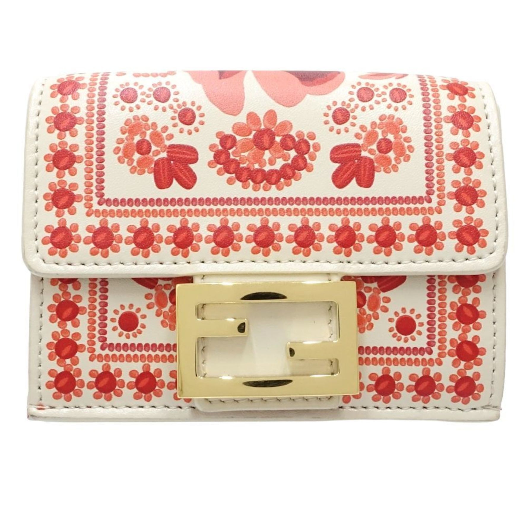 FENDI Baguette Micro Compact Wallet, Tri-fold Leather, Ivory Red
