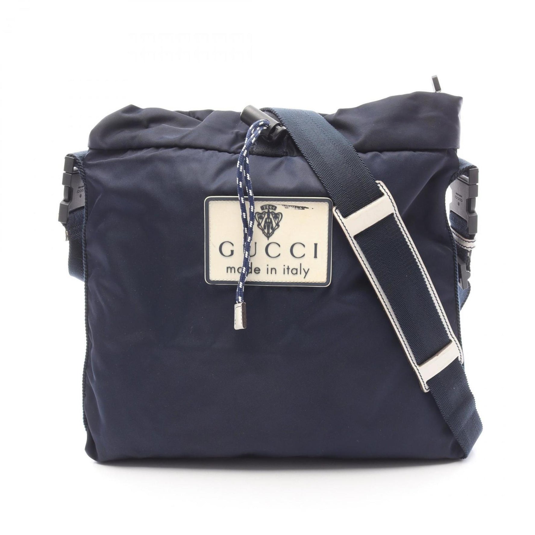 Gucci Crest Shoulder Bag, Nylon and Leather, Navy White