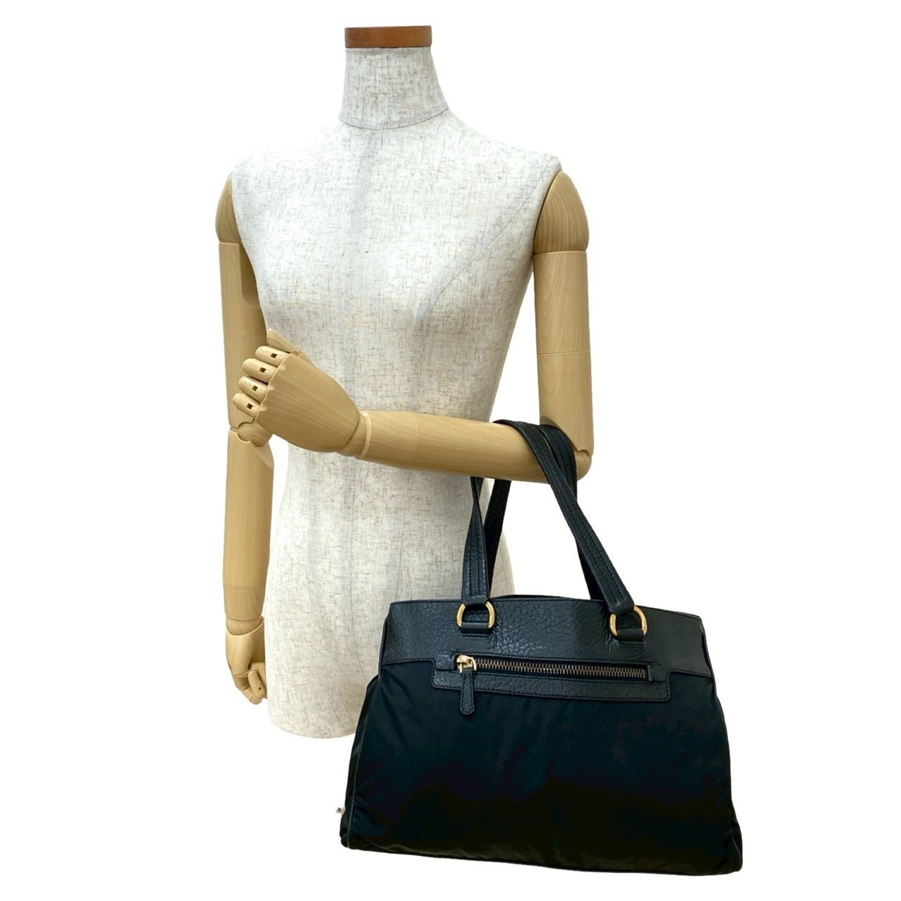 PRADA Triangle Logo Hardware Leather Genuine Nylon Handbag Tote Bag