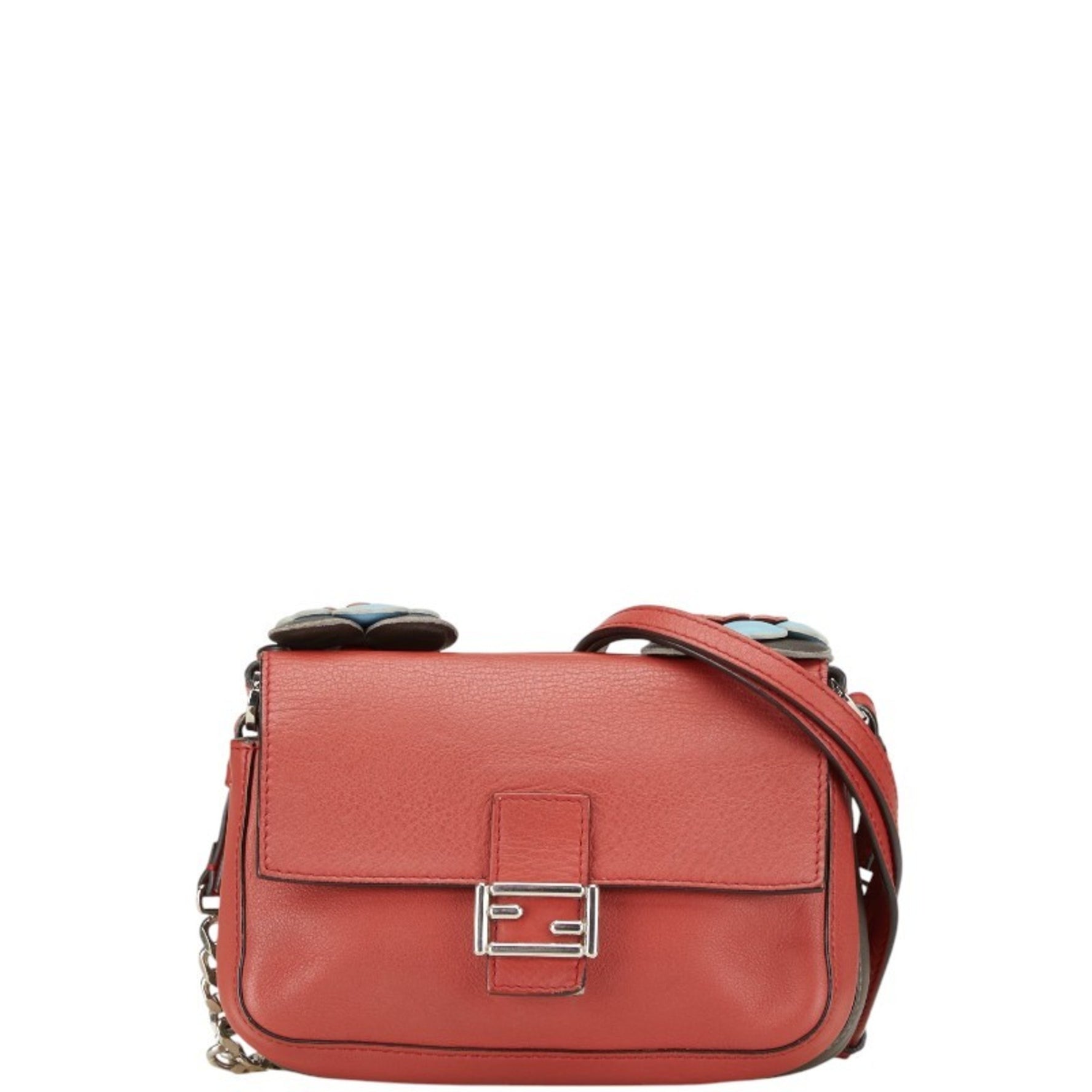 FENDI Double Micro Bucket Handbag Chain Shoulder Bag Red Multicolor Leather