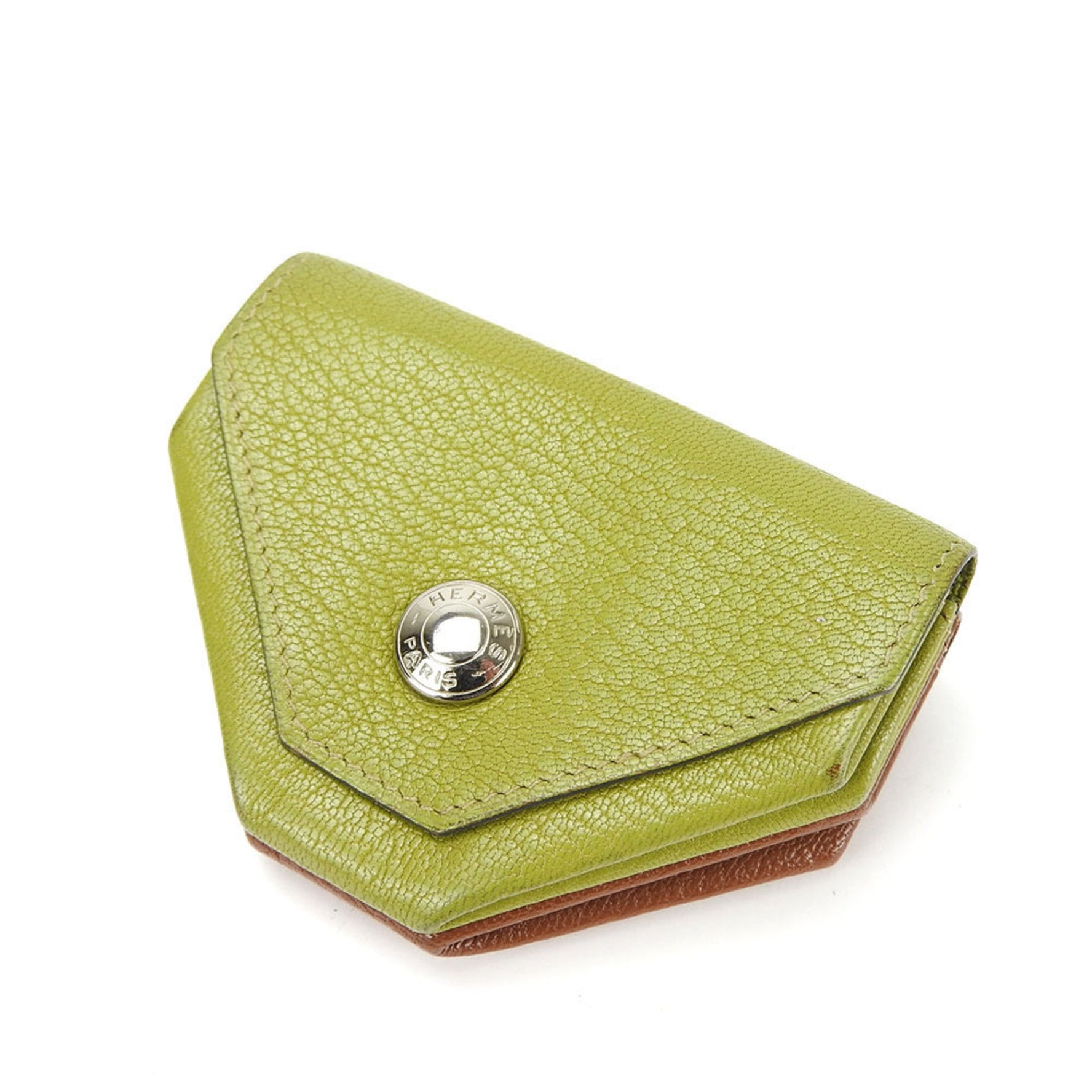 Hermes Coin Case Purse Le Van Quatre □F Engraved Double Face Chevre Leather Green Brown Accessory Women Men 9527