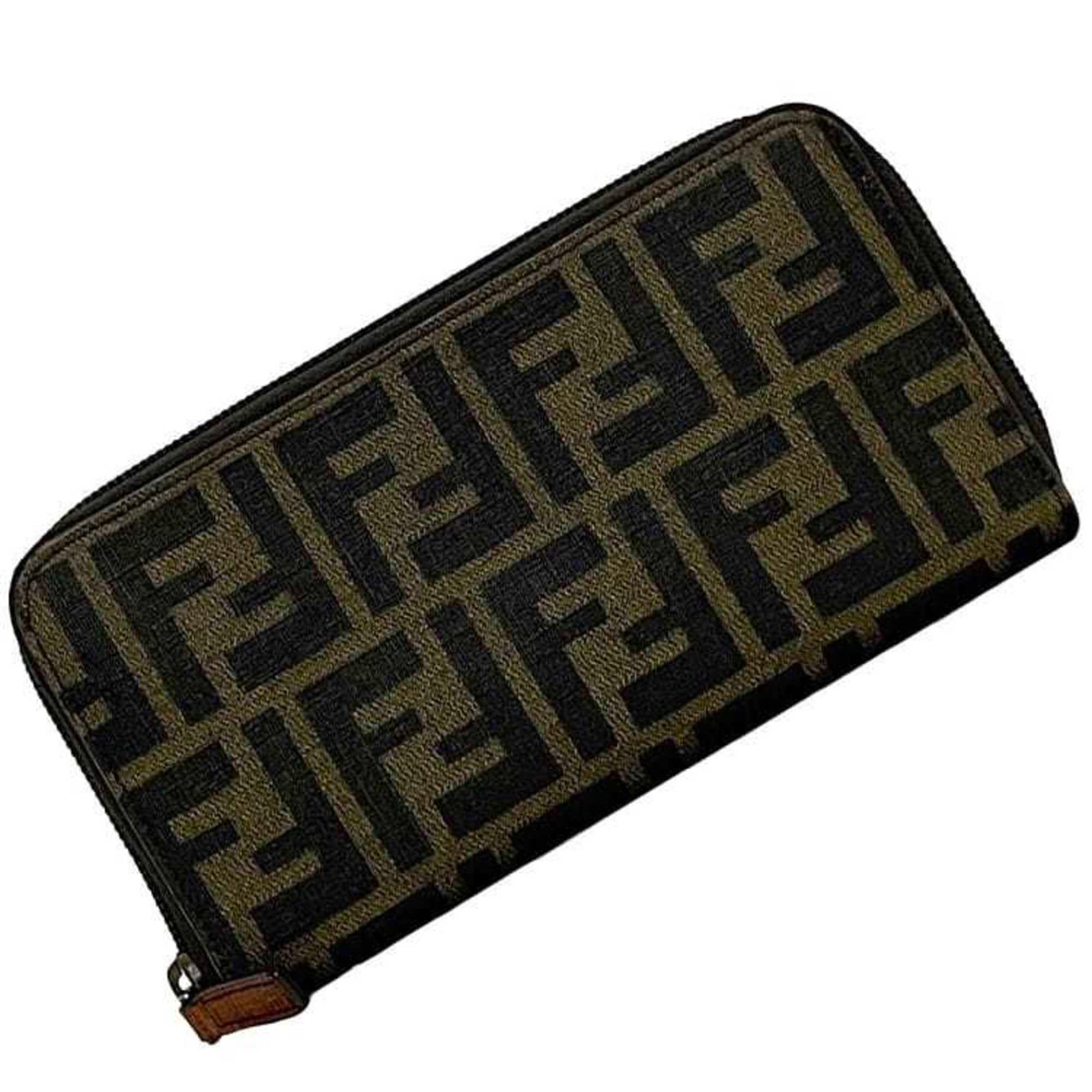 Fendi Round Long Wallet Khaki Green Zucca PVC Leather FF Dark Pattern Men's